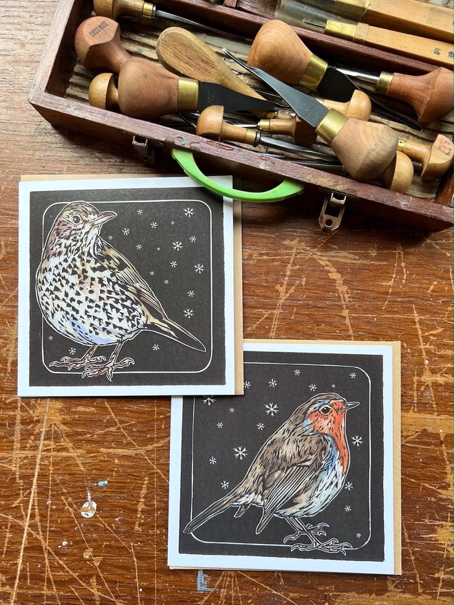 song thrush and robin snowflake design art card
