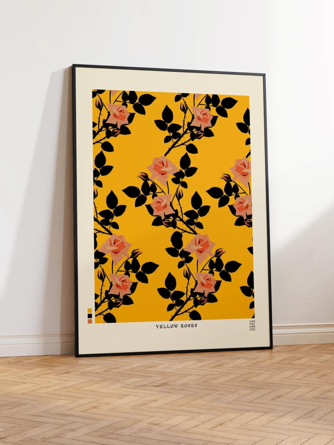 pink roses on yellow background Giclee print