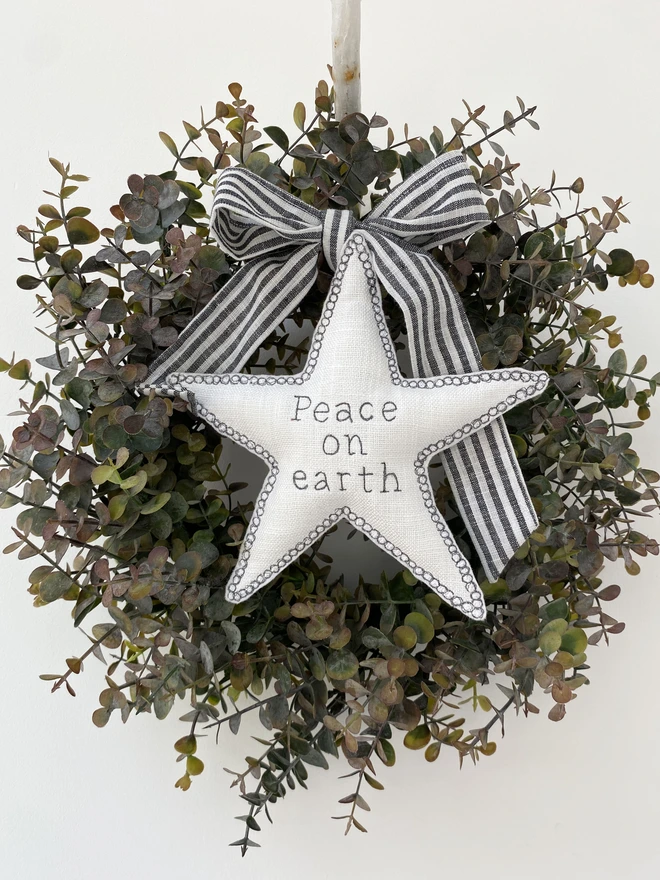 Large Fabric Tree Topper Star on a wreath