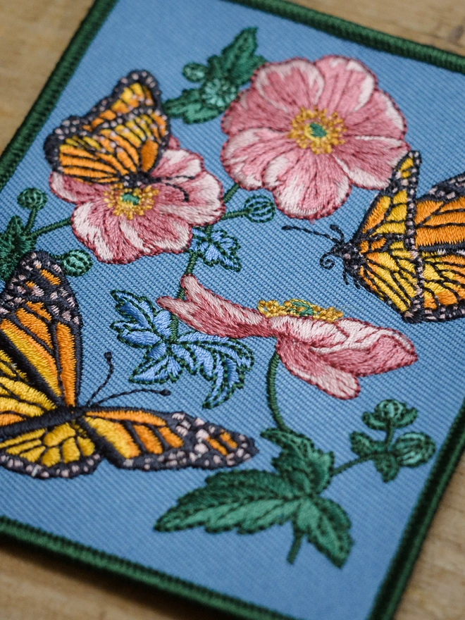embroidered patch, embroidered card, anemone flower, monarch butterfly, botanical, nature lover