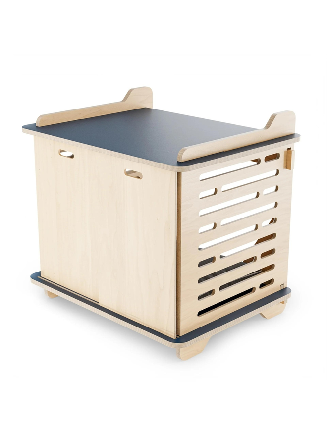 wooden blue top dog crate exterior