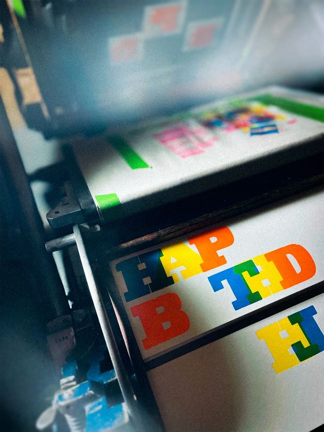 Handmade letterpress concertina birthday card featuring bold, joyful typography in vibrant neon colours. Each card is individually hand printed using traditional letterpress techniques on luxury paper stock, creating a beautifully tactile finish with deep impression and rich ink coverage. The playful fold-out concertina design reveals a striking “Happy Birthday” message across multiple panels, making it both a greeting card and a keepsake.  Created by hand for Holly & Co , this contemporary artisan birthday card combines modern graphic design with traditional craftsmanship. Perfect for design lovers, colourful stationery enthusiasts, and anyone looking for a unique luxury birthday card with personality.