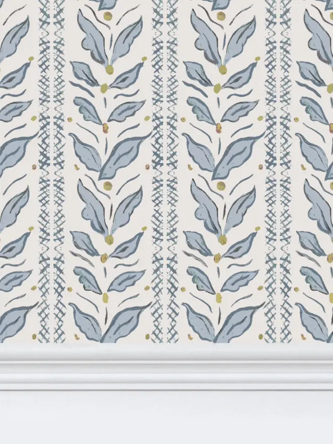 leaf stripe illustrated wallpaper. a blue leaf patterned wallpaper.