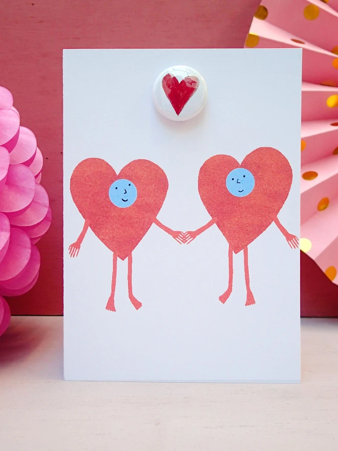 red heart couple greeting card with pin badge