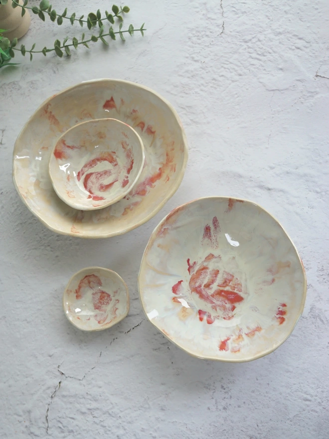 Nesting set of 4 bowls, dream catcher and rose, Jenny Hopps Pottery