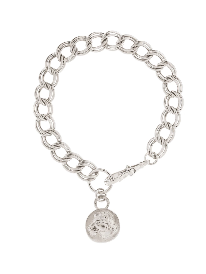 Lioness bracelet on double curb chain silver