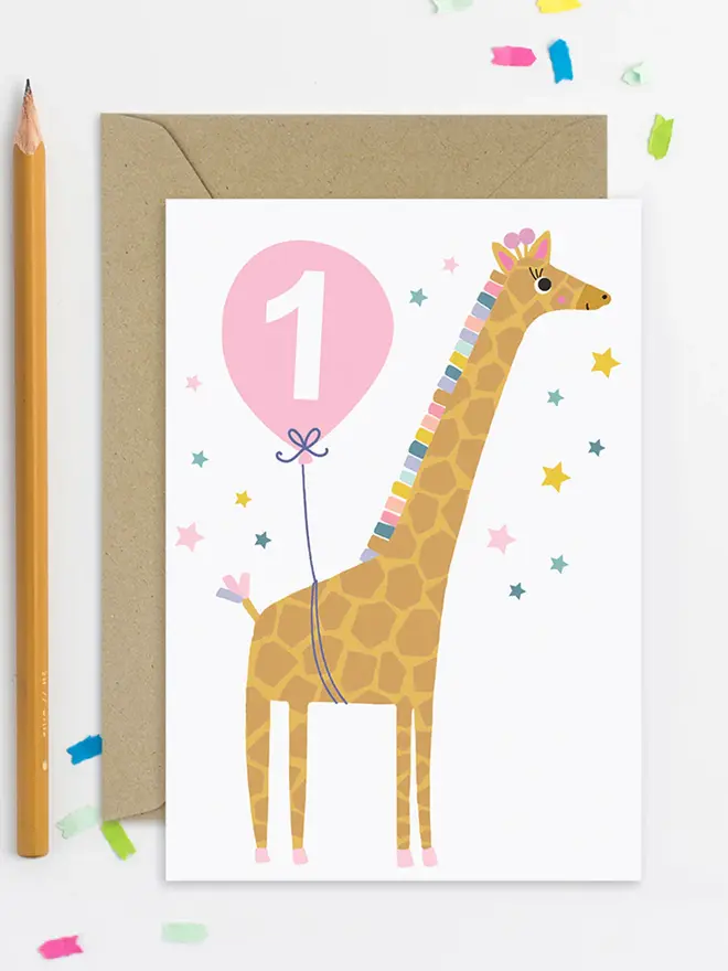 Giraffe Baby Age 1 Birthday Card