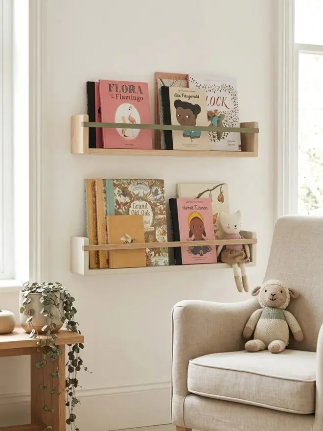 The Story Shelf - A book shelf with beautiful colour bracket placed in a childs bedroom 