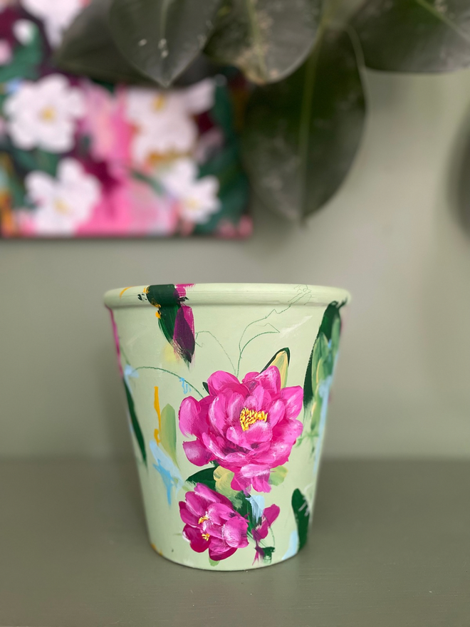 Hand painted pale green floral plant pot deep pink peonies