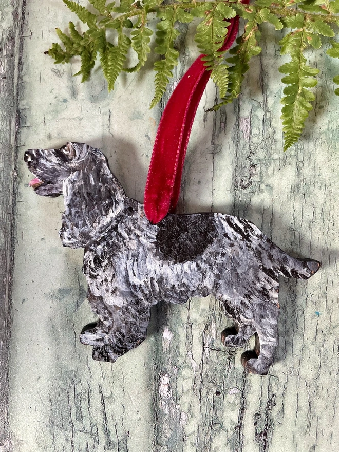 Cocker Spaniel Handpainted Christmas Decoration with red velvet ribbon to hang