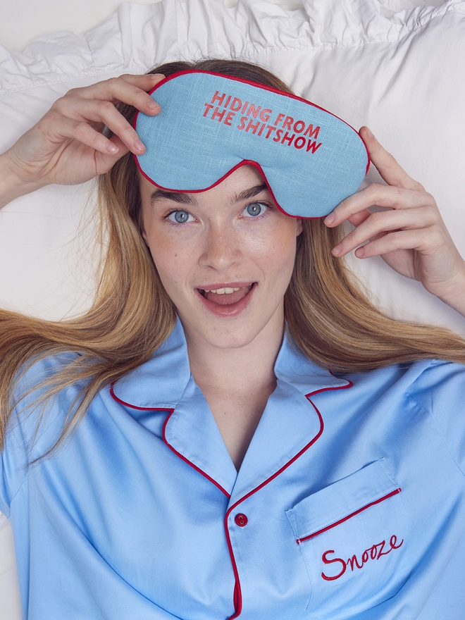 CATHERINE COLEBROOK BLUE LINEN 'SHITSHOW' EYE MASK 2