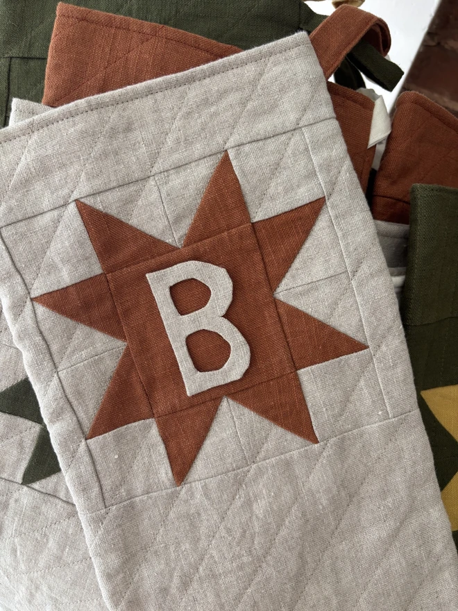 Applique Initial Personalisation Option on Linen Quilted Christmas Stocking