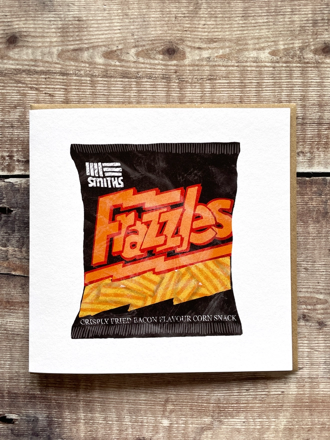 Illustrated greetings card featuring a packet of Smith's Frazzles, blank inside.