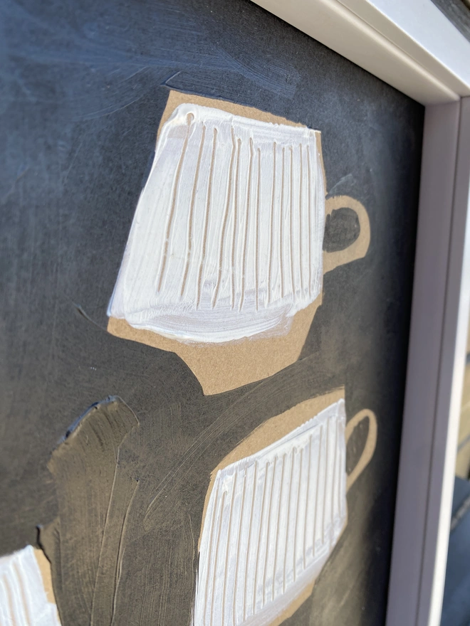 Painting of coffee cups, naive art, scandi art, monochrome folk art by Samantha Barnes