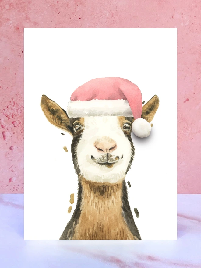 brown white goat santa hat pompom christmas card