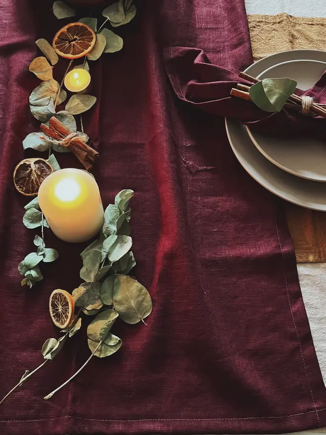 maroon linen table runner