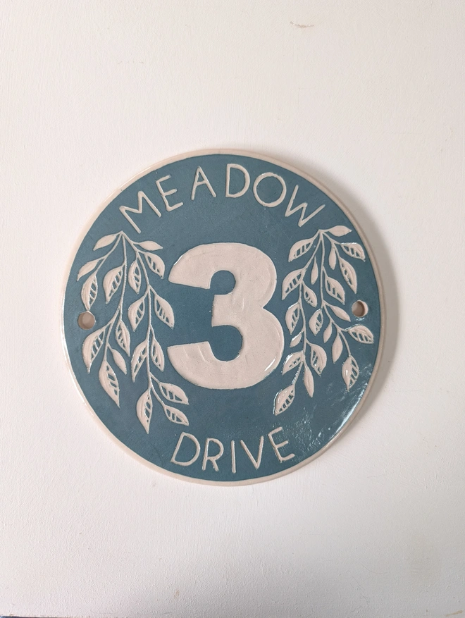 Pine Green Large Round Custom Made Ceramic Door Number with Text and Sgraffito leaf Pattern