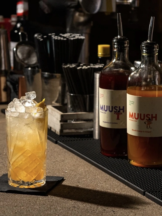 Blood Orange & Ginger Elixir, a drink poured at a bar sitting next to other bar accessories. 