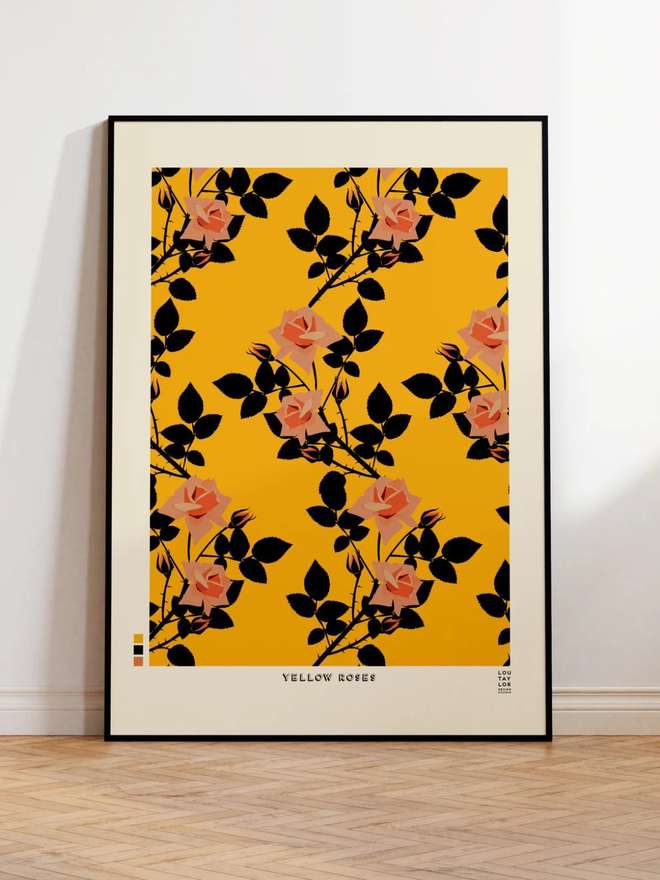 pink roses on yellow background Giclee print