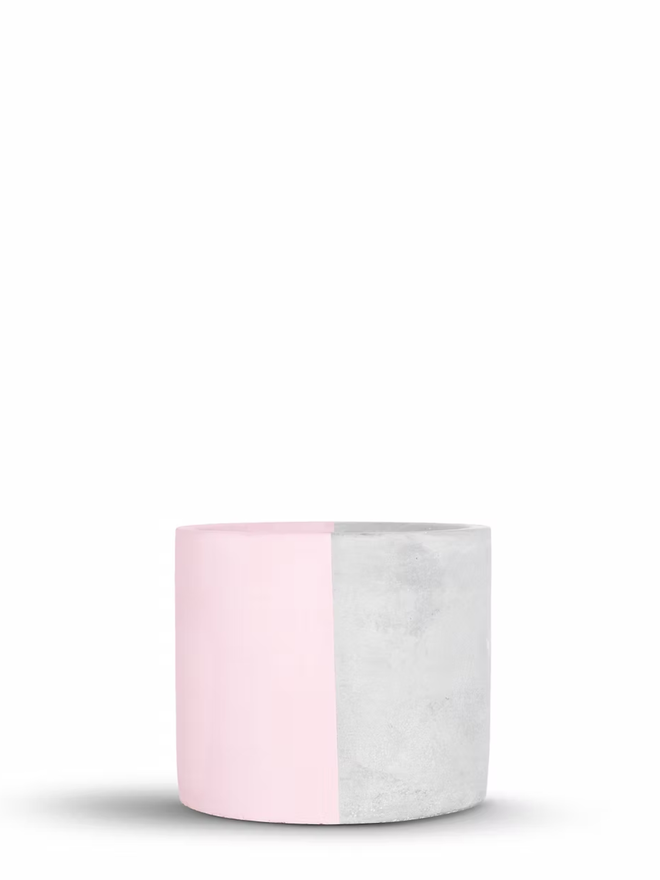 half & half concrete plant pot. a grey concrete plant pot painted half pink.
