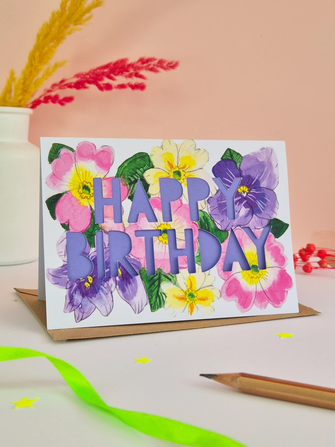 Primrose violet birthday card
