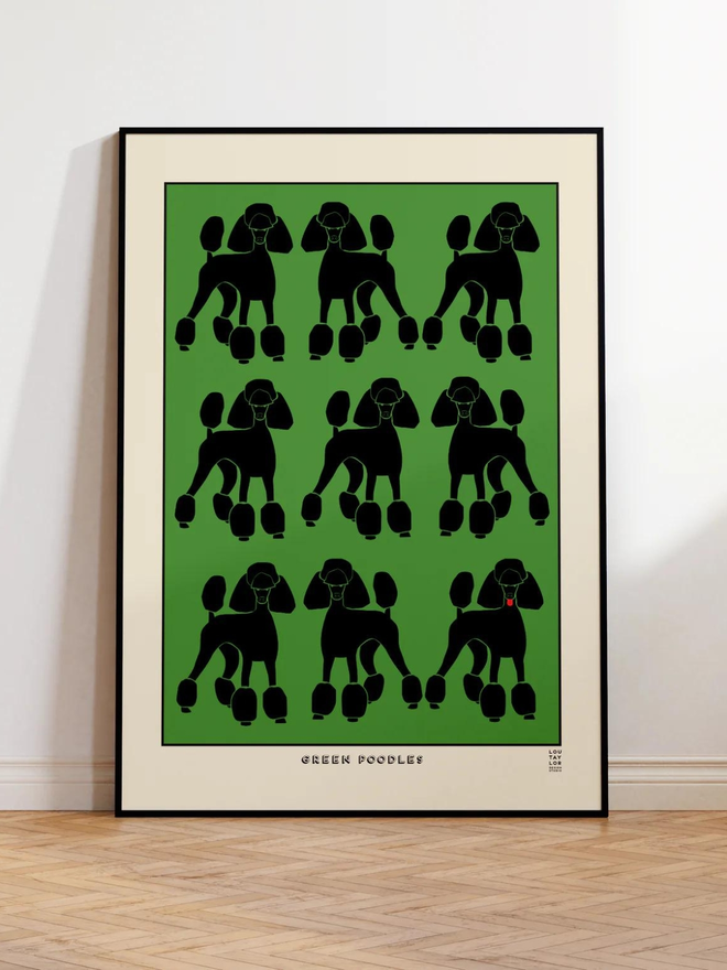 black poodles on green background Giclee print