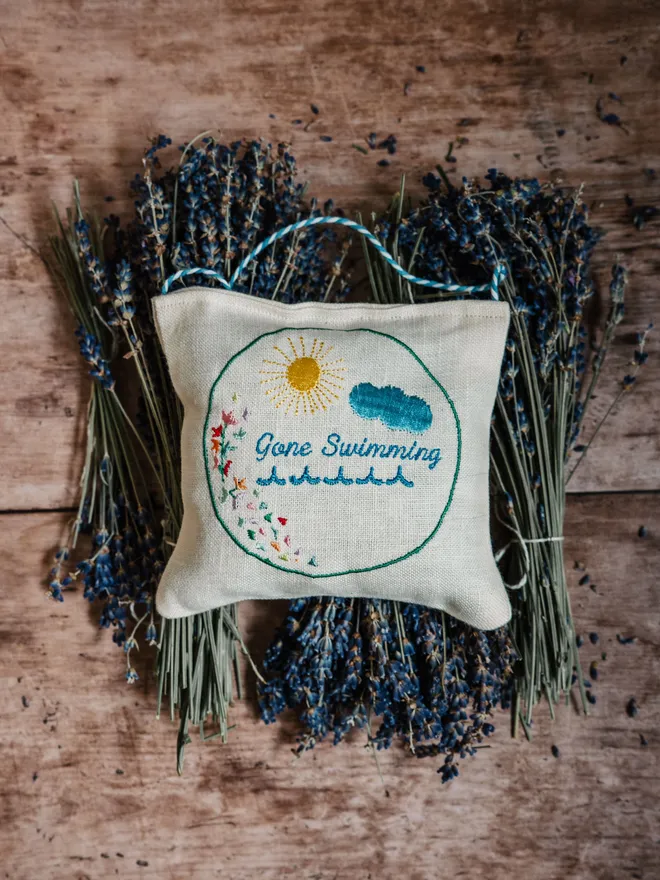 Gone Swimming Lavender Sachet. A Sachet of Lavender with embroidered Swimming design.