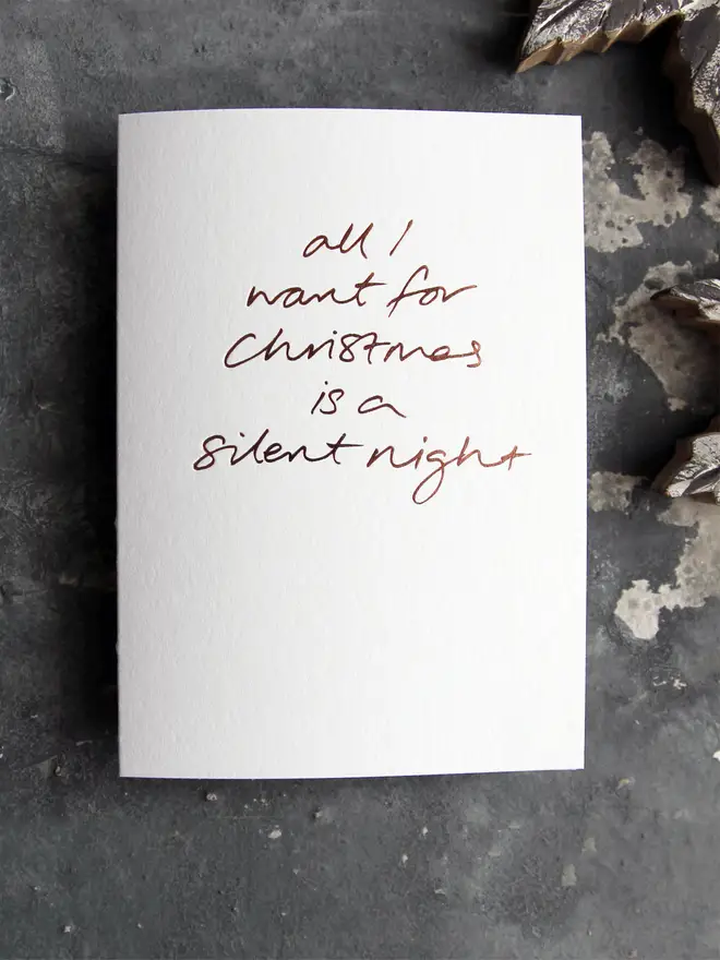 all i want for christmas is a silent night white christmas card metallic script