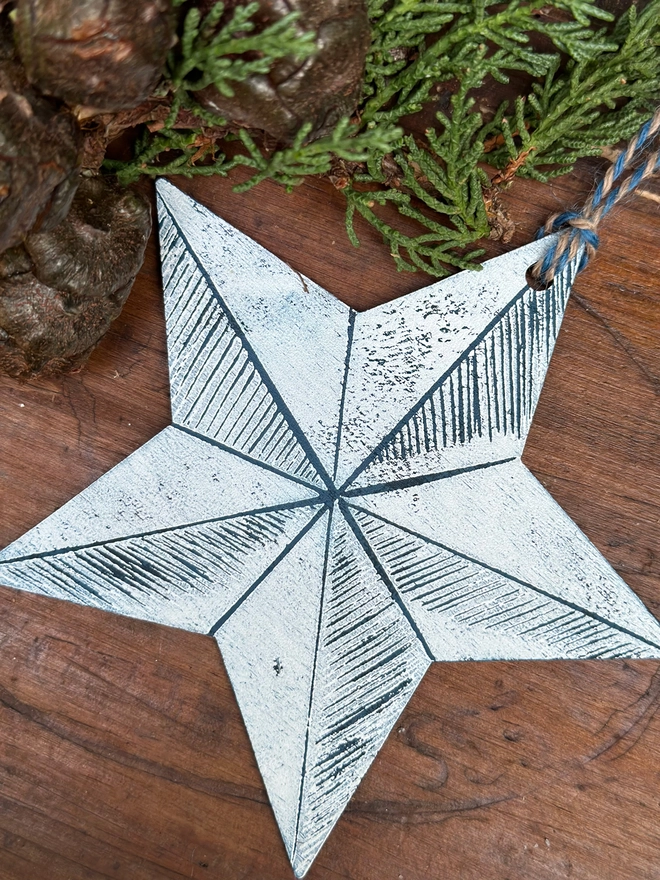 Nordic Christmas Star Wooden Decoration Hand Printed Linocut