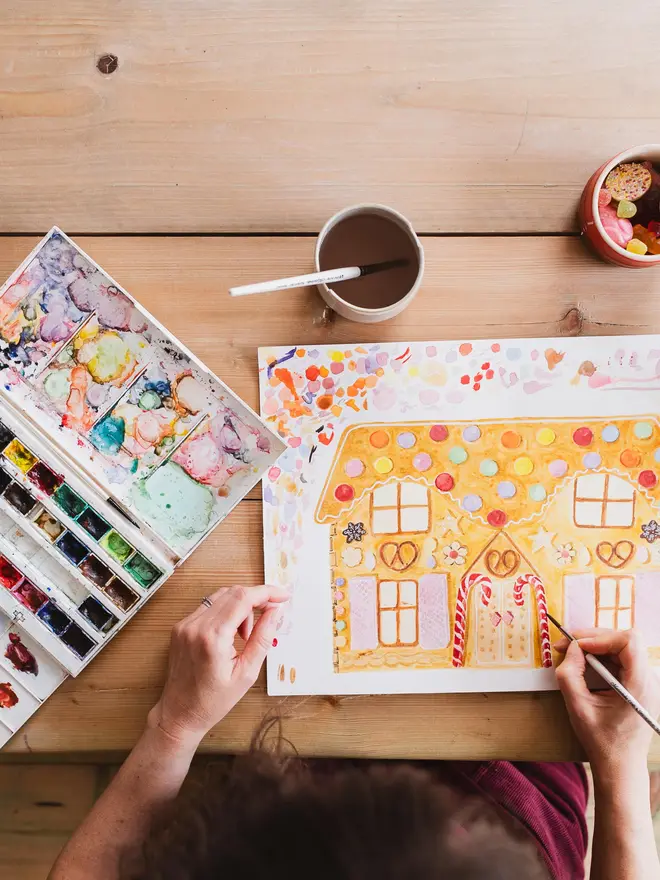 Painting Gingerbread House Advent Calendar Christmas Card 