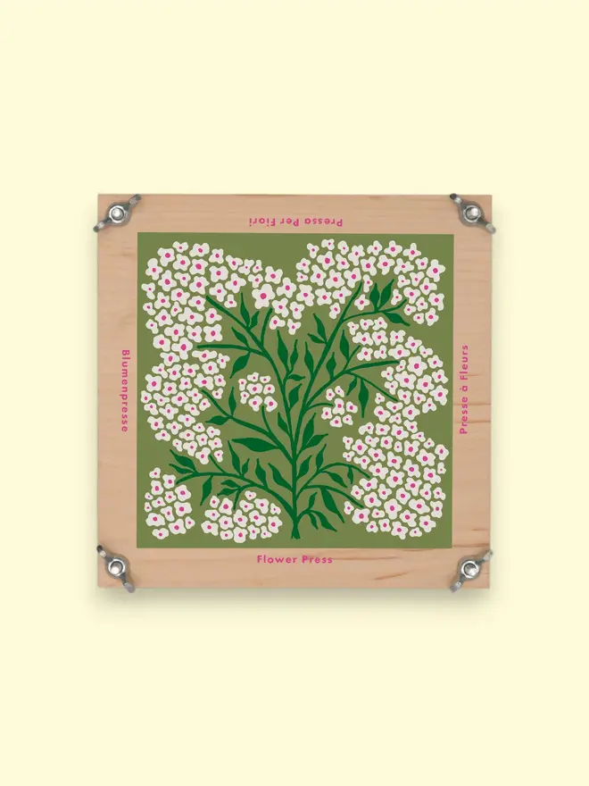 forget me not flower press, sitting on a yellow surface, showing the front/cover of the press- a white and green floral design
