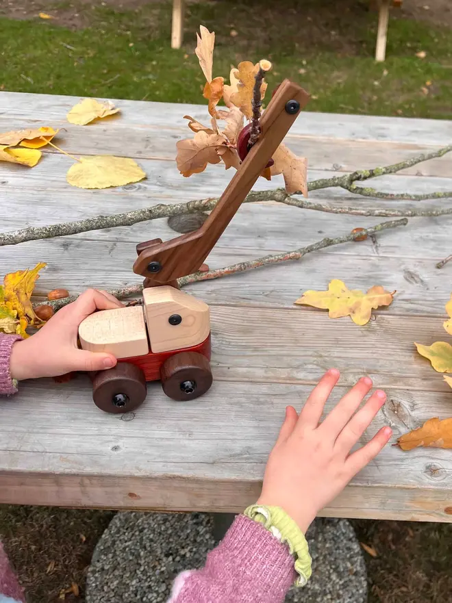 Walnut & Padauk Crane Wood Heirloom Toy, outside. 
