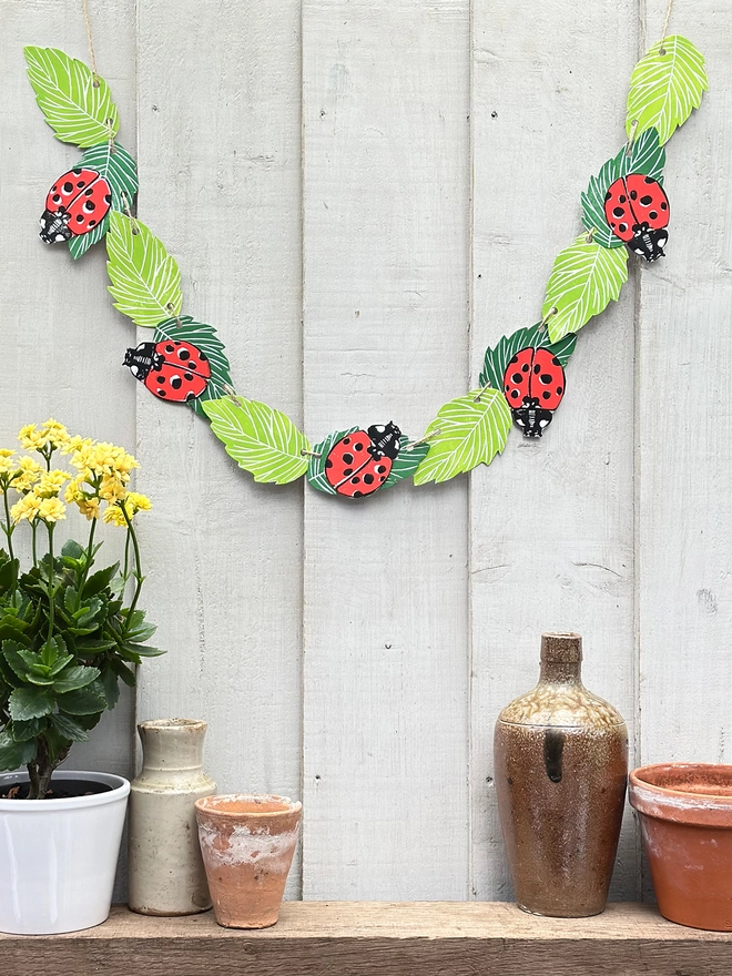 'Lucky Ladybird' Garland Hand Printed Nature Linocut Decor