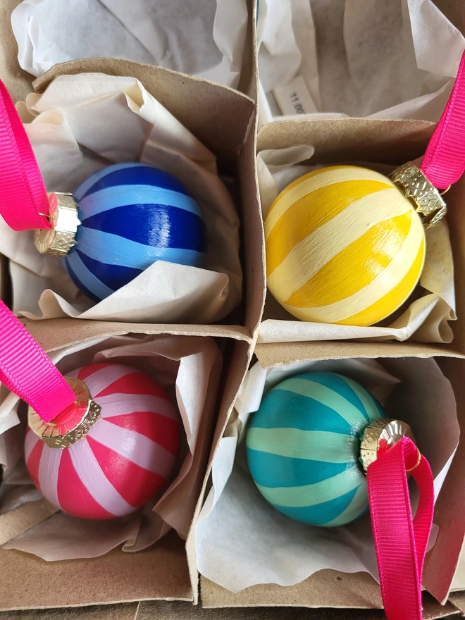 Hand Painted Rainbow Stripe Baubles (Pack Of 4)