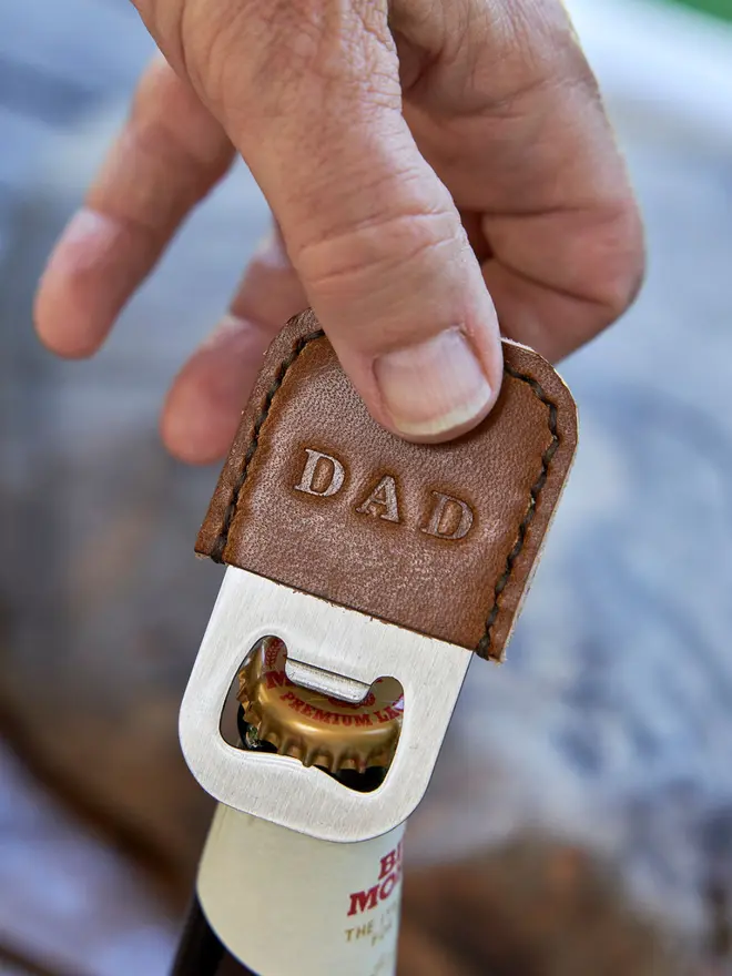 Handmade Leather Personalised Bottle Opener Key Ring- 'DAD' in Brown