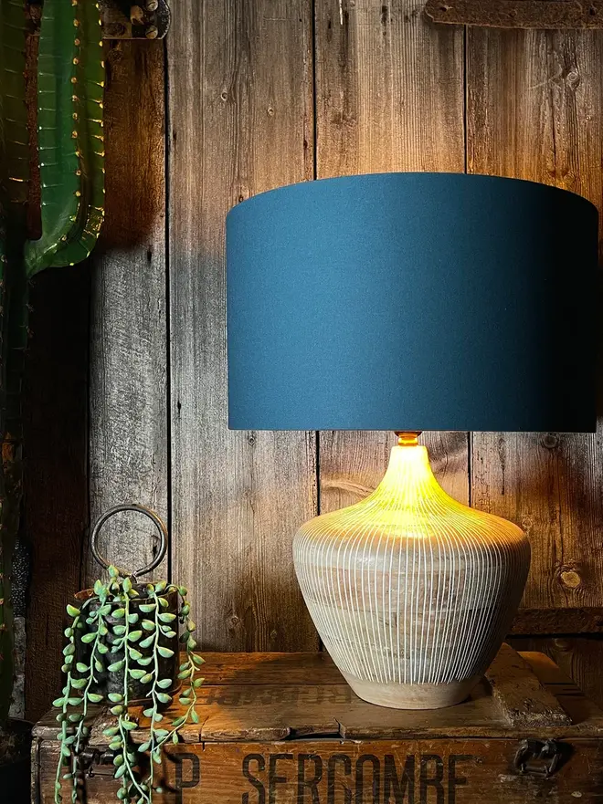 Petrol Blue Cotton Drum Table Lampshade with Gold Lining