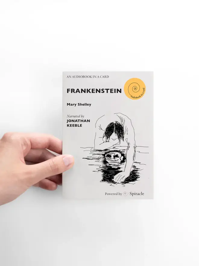 Frankenstein By Mary Shelley Audiobook In A Card, against a white background. 