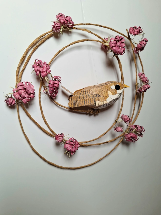 wren bird sculpture on a burgundy flower wreath. Handmade nature themed wall art