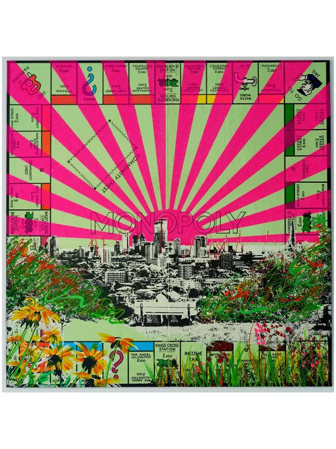 Monopoly Board with view of London printed on top and pink stripes
