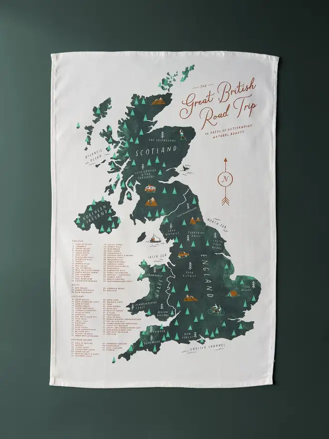 great british road trip map tea towel