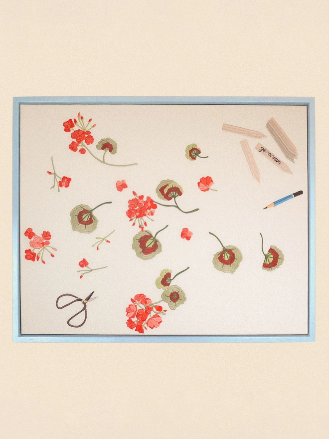 Geranium cuttings framed embroidered canvas Lulworth blue