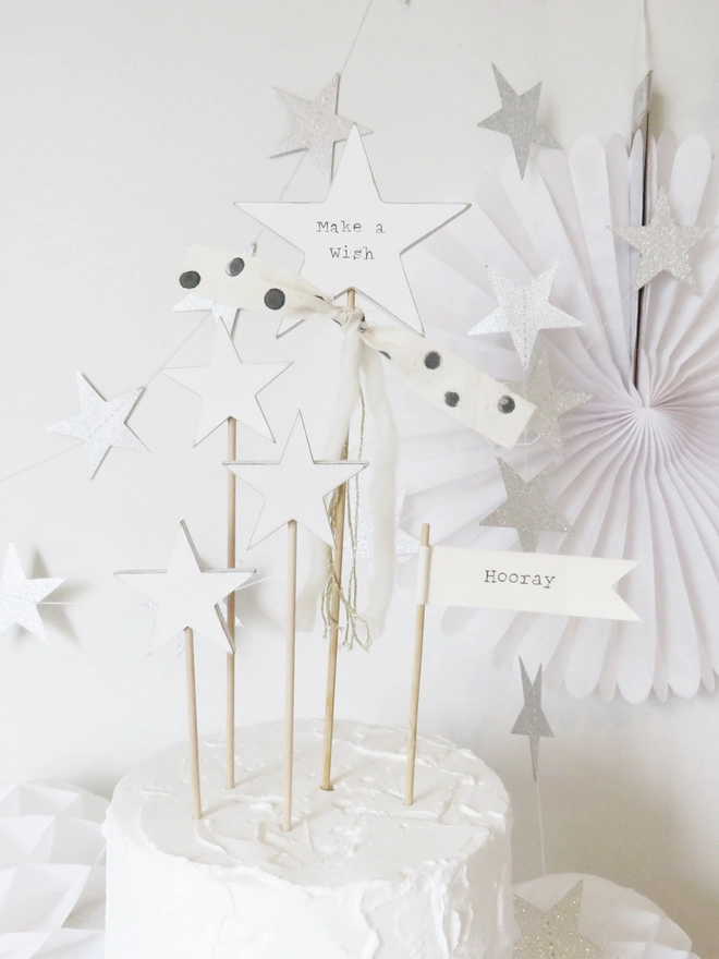 handpainted wooden star cake topper with make a wish message