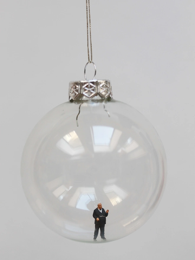 Miniature figure of Winston Churchill in a glass hanging christmas bauble 