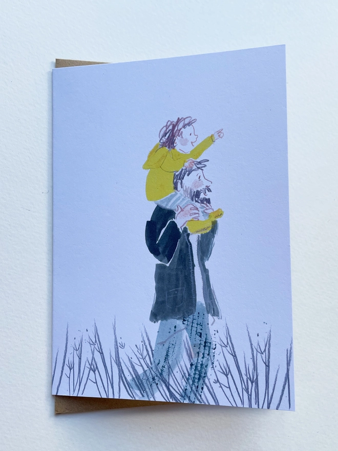 Esther Kent illustrated greeting card showing a child in a yellow jacket riding on the shoulders of a bearded man, on a country walk