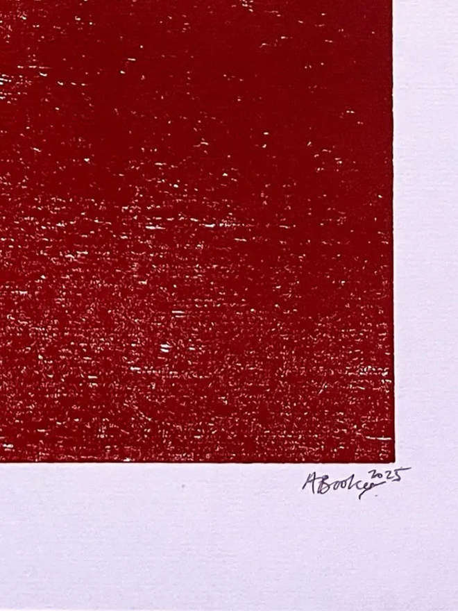 Close up image of 'Winter Sun' Woodcut print showing the artists signature