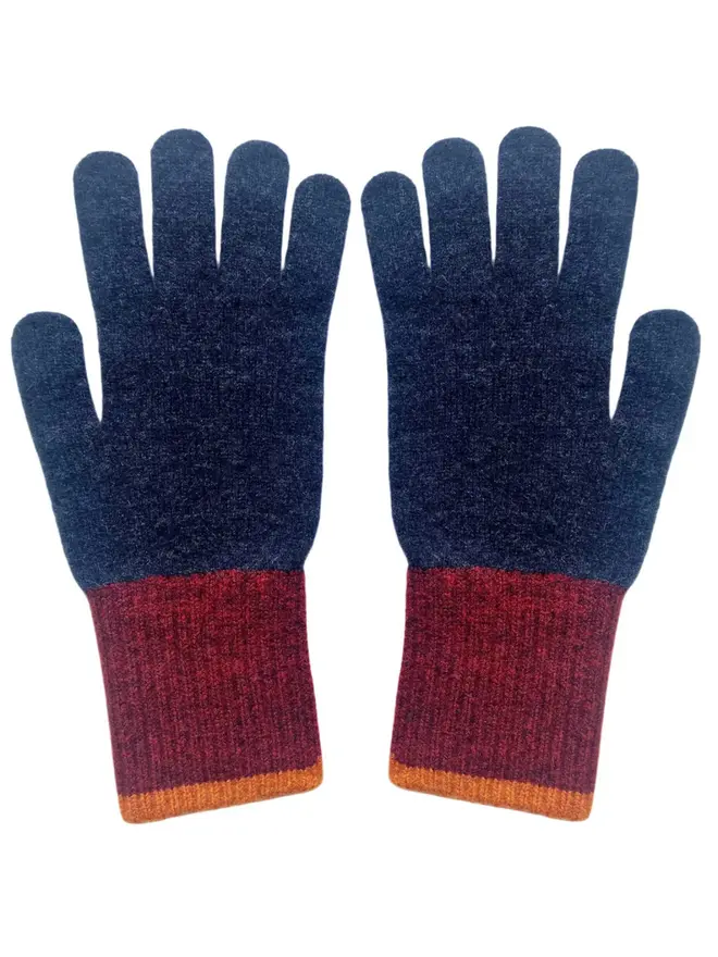 Block Lambswool Gloves, a pair of colourful gloves sitting on a plain white surface. 