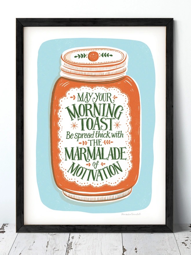 hand lettered orange marmalade print in black frame