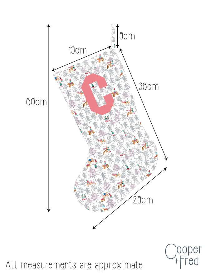 Cooper and Fred Personalised Quilted Christmas Stocking in Elf Forest print with measurements