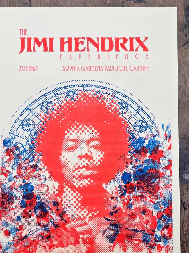 'Jimi Hendrix' Handmade Risograph Gig Poster, laying on a wooden table. 