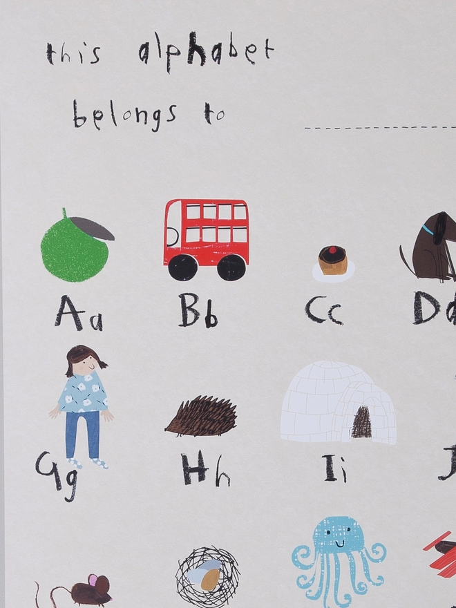 detail of alphabet poster, a is for apple, g for girl